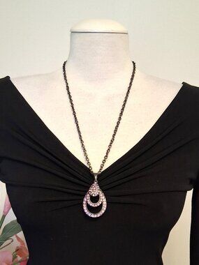 Vintage Chunky Large Pink Crystal Oval Pendant Thick Heavy Necklace VTG Jewelry